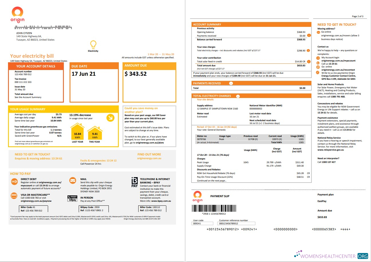 Australia New South Wales (NSW) Origin electricity utility bill template in Word and PDF format 1 2